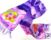 Beautiful Hand Painted Silk Scarf with Fringe, Mauve, Purple Green and Pink (Rabia)