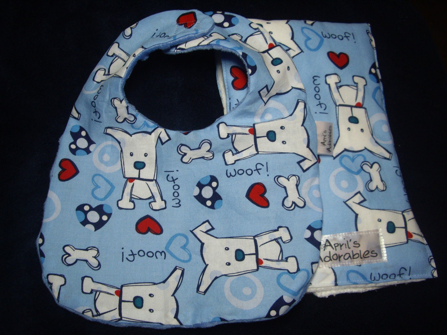 Blue Dog Baby Bib and Burp Cloth Set For Boy or Girl
