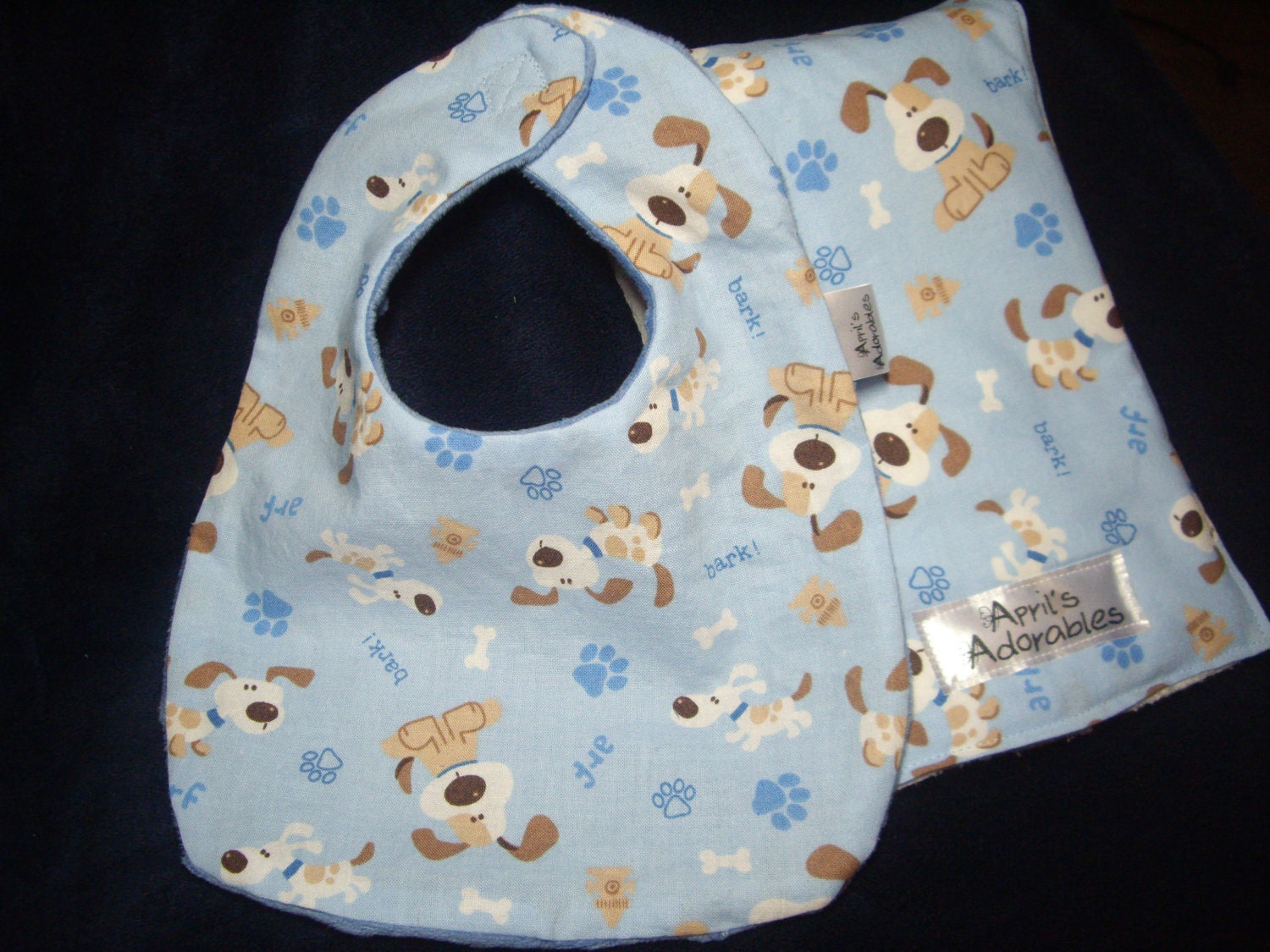 Blue Puppy Baby Bib and Burp Cloth Set For Boy or Girl