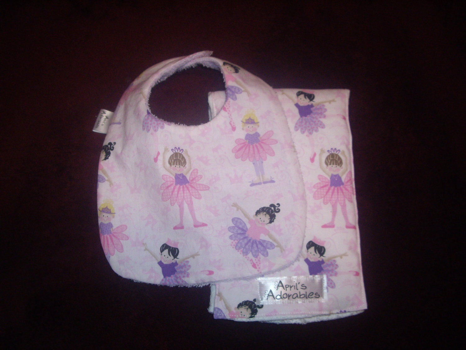 100% Cotton Lavendar and Pink Ballerina Print Baby Bib and Burp Cloth Set