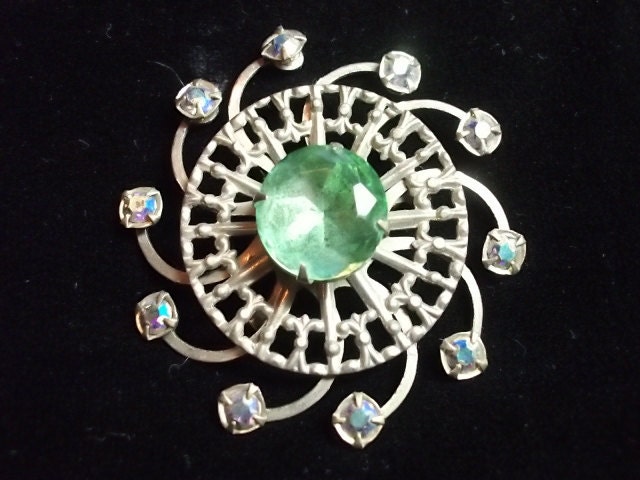 Vintage Rhinestone Brooch Large Emerald Green & AB Rhinestone Pin (sn 689)