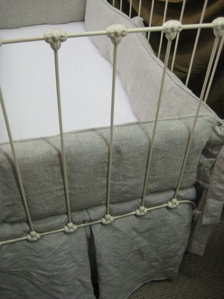 Tailored Crib Bedding in Washed Oatmeal Linen-Medium Weight Washed Linen Tailored Bumpers and Tailored Crib Skirt