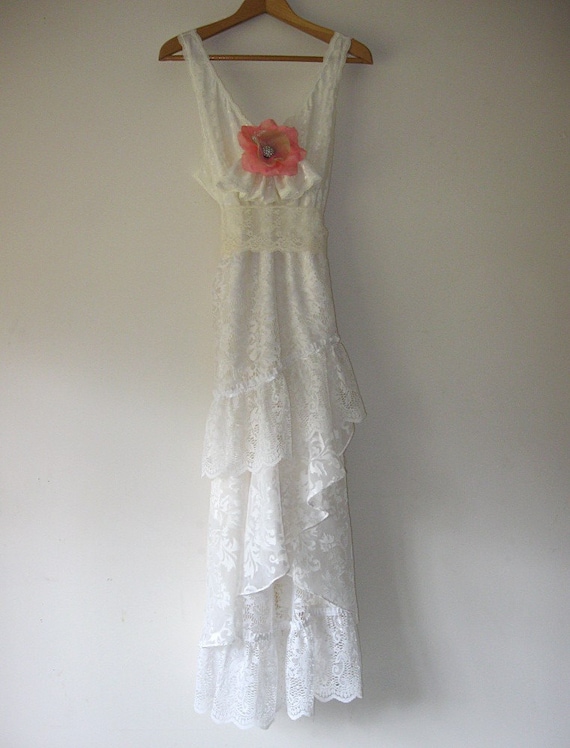 Creamy white brocade wedding dress Vintage lingerie slip over dress Fairytale Romantic Ruffle Bohemian Gypsy Eco chic Small - Medium