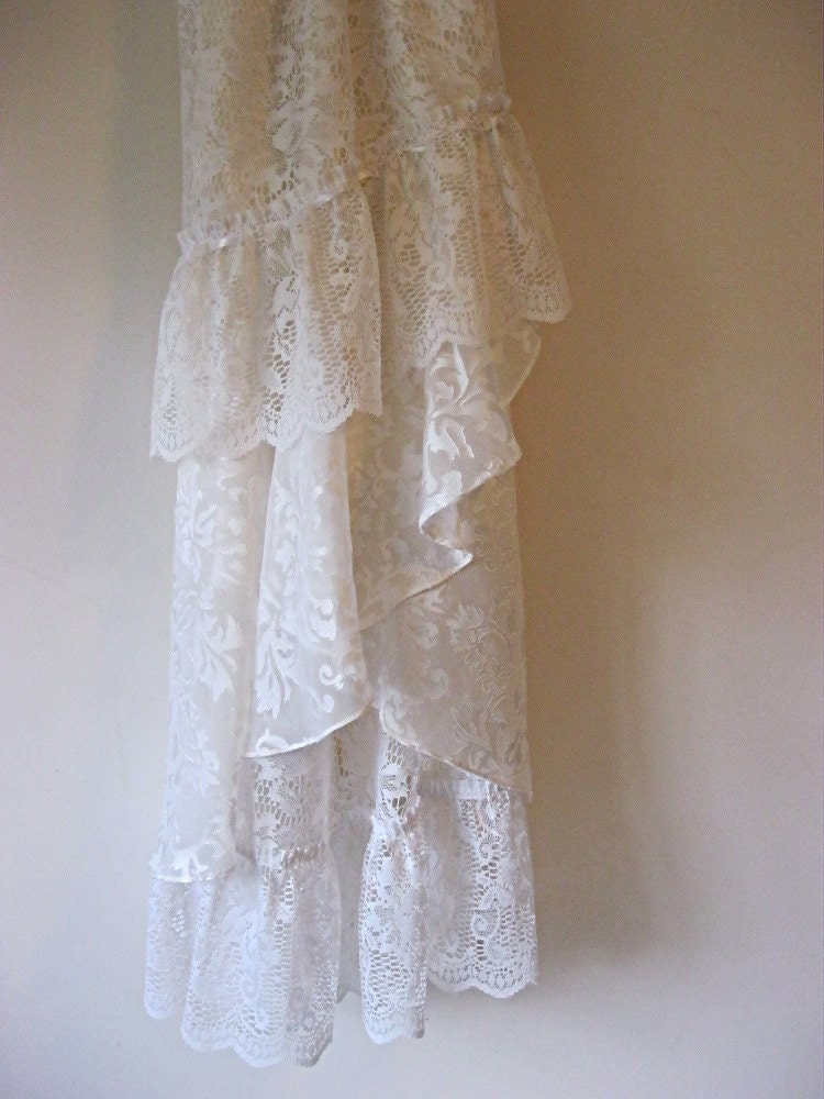 Creamy white brocade wedding dress Vintage lingerie slip over dress Fairytale Romantic Ruffle Bohemian Gypsy Eco chic Small - Medium