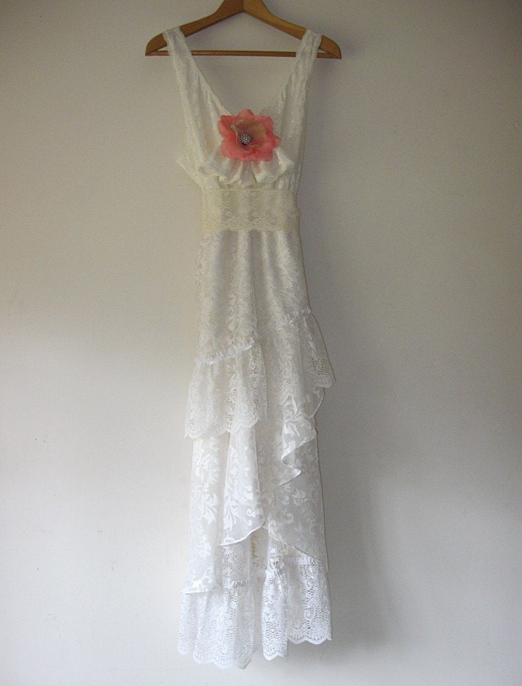 Creamy white brocade wedding dress Vintage lingerie slip over dress Fairytale Romantic Ruffle Bohemian Gypsy Eco chic Small - Medium