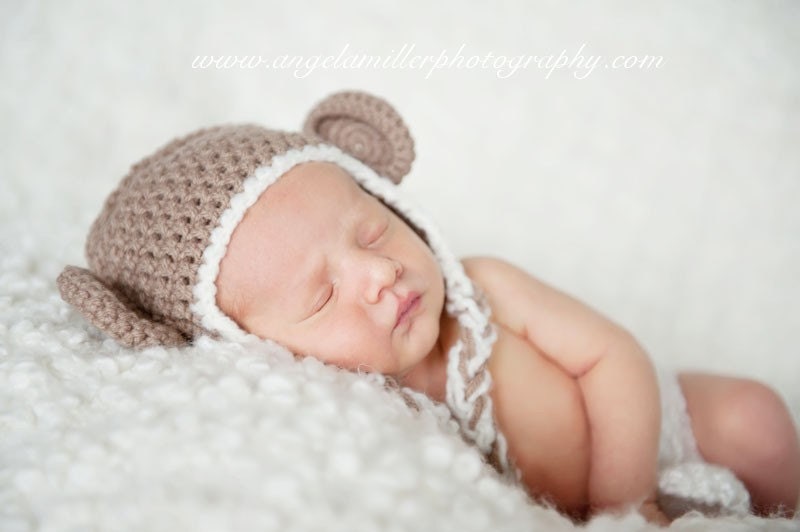 Light Brown Crochet Monkey Hat With Cream Trim - Choose Your Size