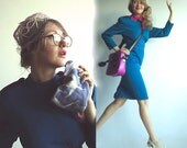 FLIGHT ATTENDANT Amazing 80s Stewardess Bombshell Wiggle Dress in Mediterranean Turquoise Teal with Hot Pink Details S/M