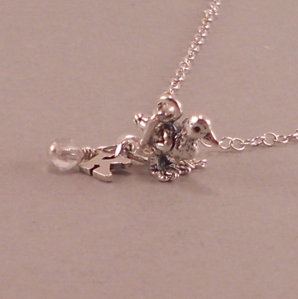 Little Girls Necklace, Sterling Silver, duckling charm, birthday necklace, personalized, birthstone, initial, keepsake, childs jewelry, duck