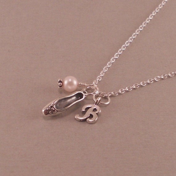 Ballet Necklace, Sterling Silver Ballet Slipper, Dancer, pink pearl, ballerina, ballet shoe charm, personalized, initial, monogram