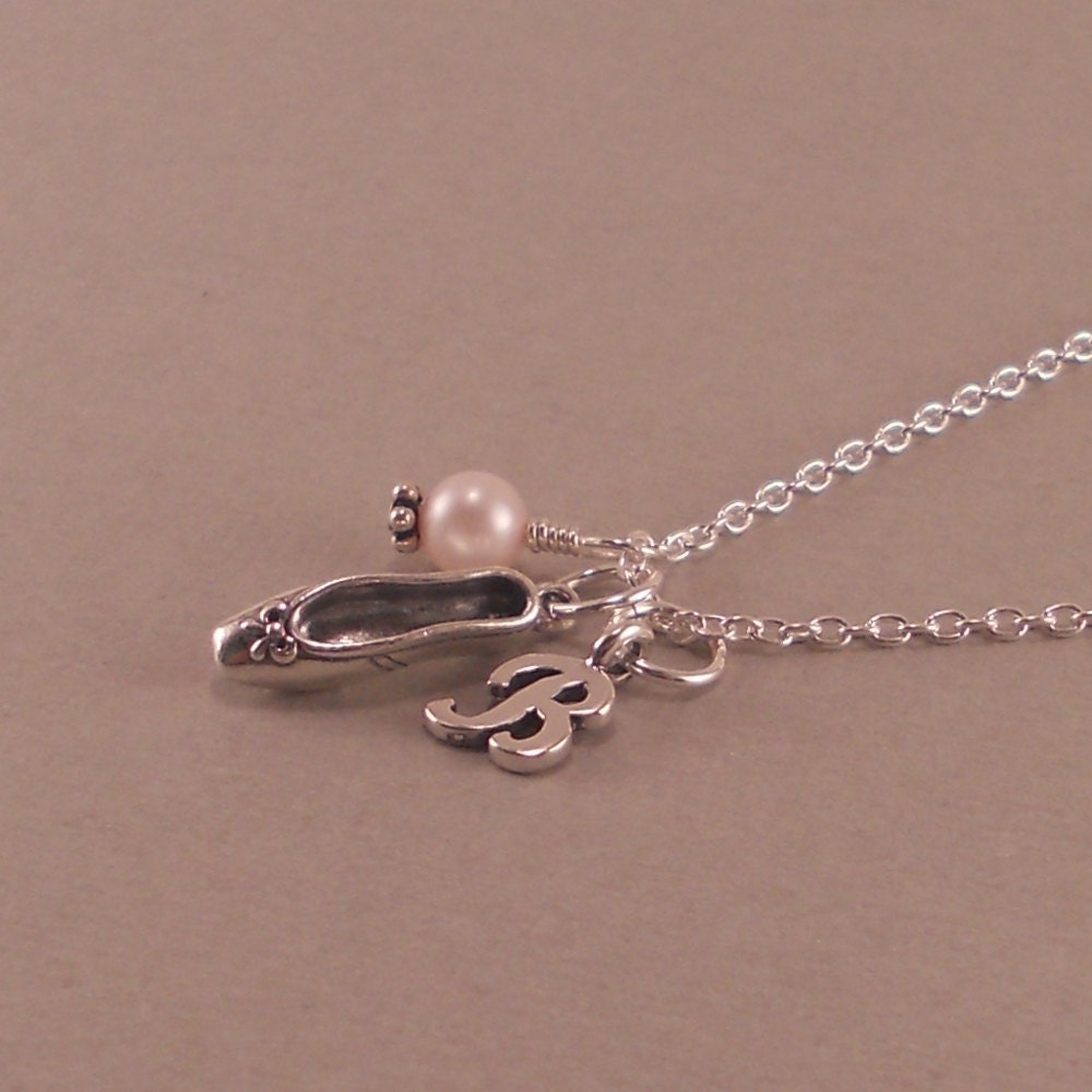 Ballet Necklace, Sterling Silver Ballet Slipper, Dancer, pink pearl, ballerina, ballet shoe charm, personalized, initial, monogram
