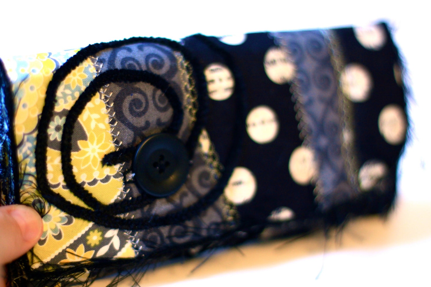 Fabric Embellished Wallet - Grey, Yellow, and Black