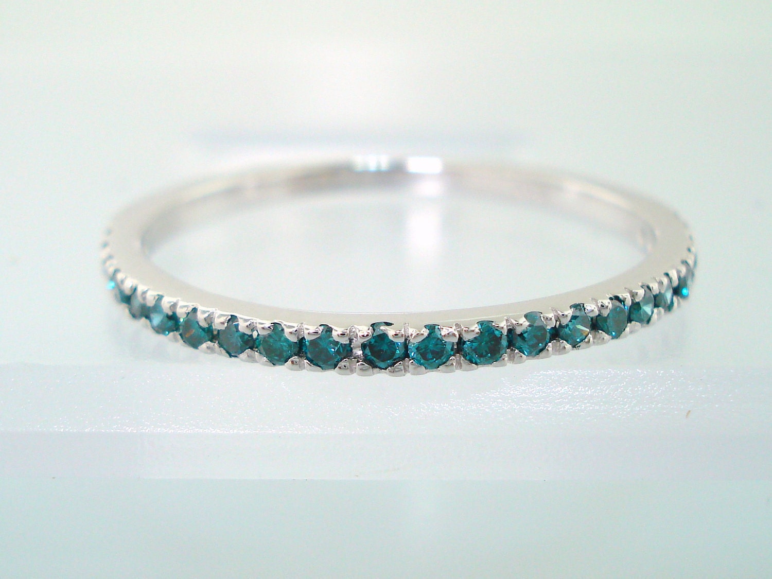14K White Gold  Wedding & Anniversary Blue Diamonds Stackable Band 0.25ct  Pave Set