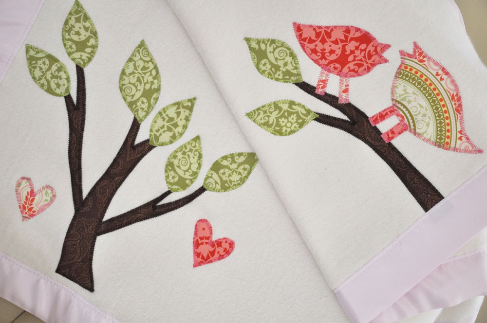 Organic Baby Blanket -- Personalized Free -- Toddler Blanket with Tree and Retro Birds