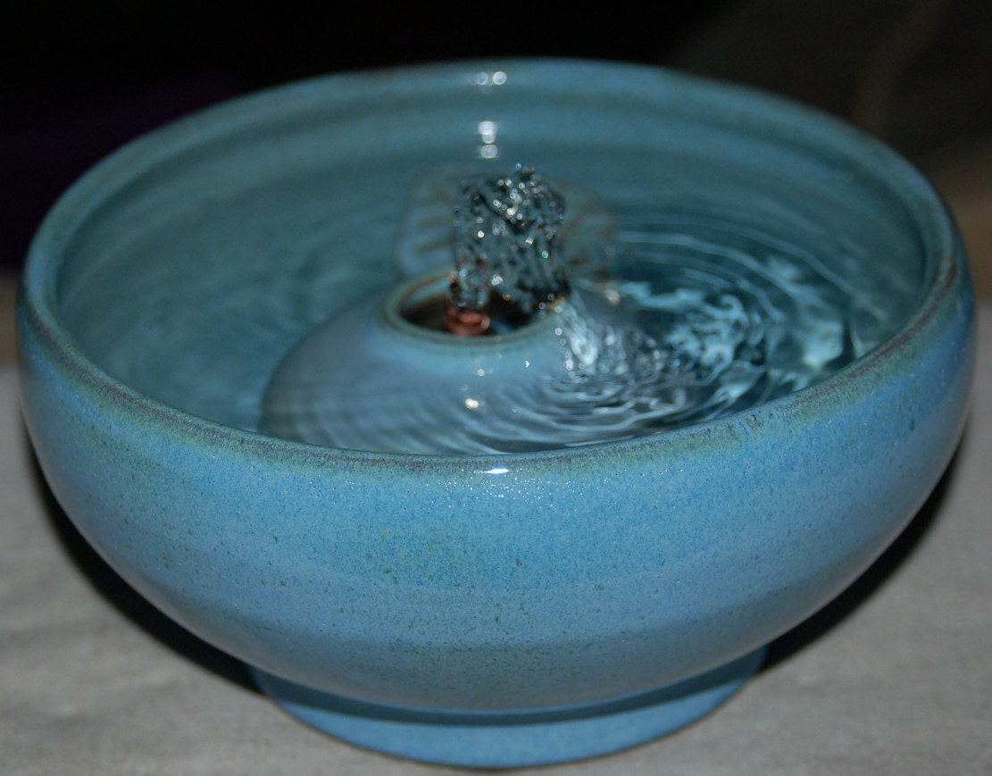 Handmade Ceramic Cat Fountain or Indoor Tabletop Fountain "Green-rimmed Sky-blue"