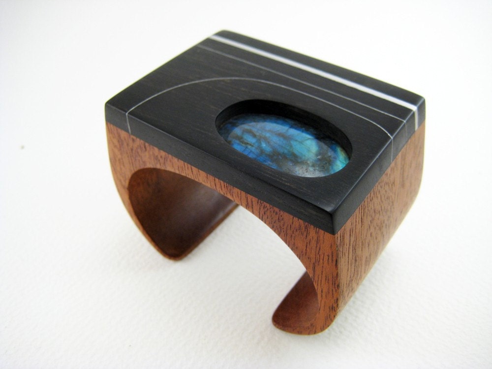 Carved, Wood Wrist Cuff / Bracelet, statement jewelry with Labradorite and Aluminum (No.8)