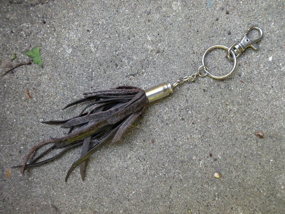 Brown Leather Bullet Tassel Key Chain Keychain Punk Rustic Industrial Steampunk bag purse charm fathers day