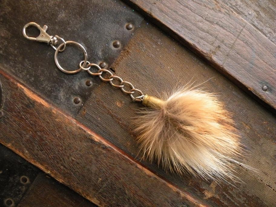 Real fox fur puff bullet shell keychain key chain red rust tan gray black white punk rustic fashion mens womens bag purse charm