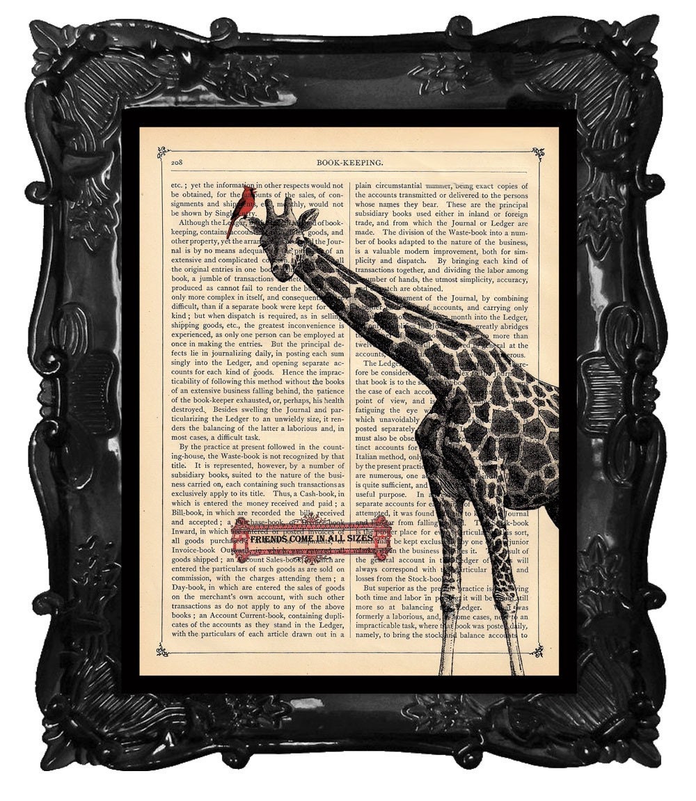 Artistic Giraffe Art Print Giraffe Bird illustration beautifully upcycled dictionary page book art print