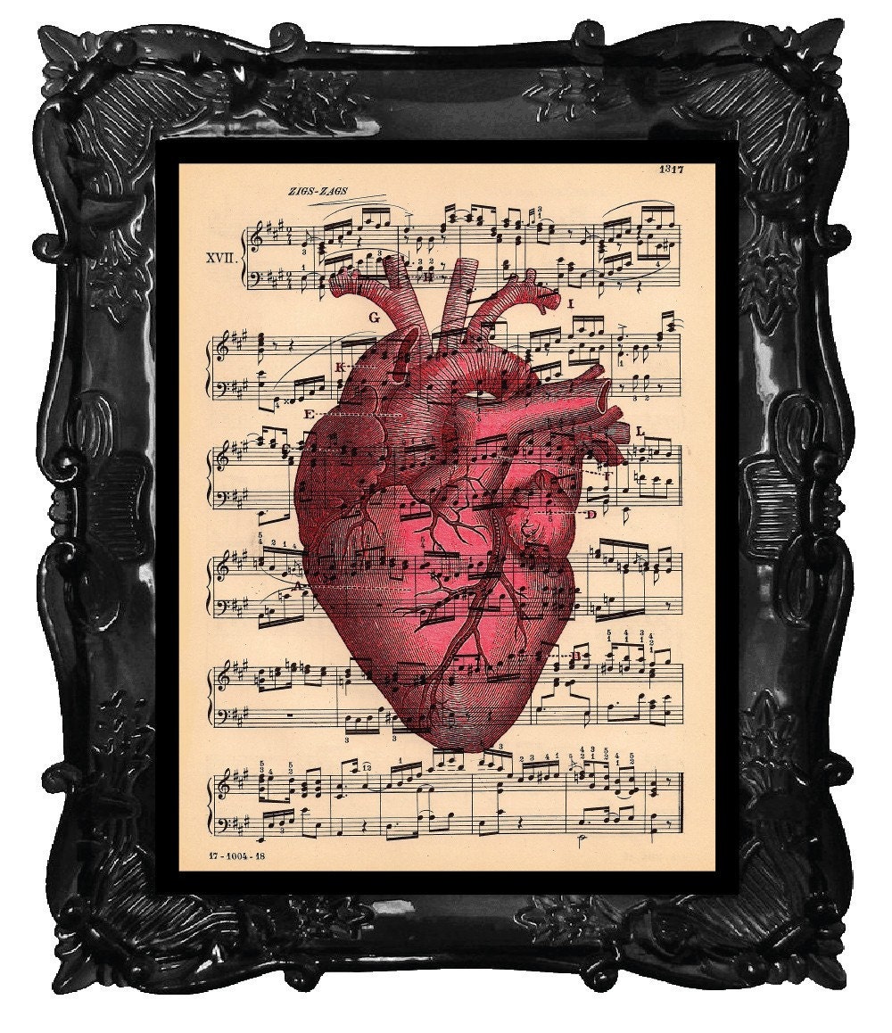 Musical Red Heart Art Print Human HEART Anatomy Book Print Vintage  HEART Art Print Music Sheet Anatomical Heart