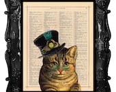 CAT   art print Dapper Cat Art Print illustration artistically upcycled Dictionary Page cat art