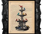BIRD BATH print bird art on a vintage antique dictionary page, dictionary bird art bird print home decor bird fountain