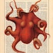 Mod Orange OCTOPUS Print, OCTOPUS antique book page print, orange OCTOPUS dictionary print Orange Octopus