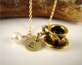 Tea Cup Pendant Charm Necklace, Personalized Jewelry, Gold, Hand Stamped, Pearl, Fall, Autumn, October, Warm