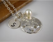 Sand Dollar Initial Pendant Necklace, Summertime, Sterling Silver Charms, Personalized Jewelry