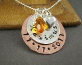 Personalized Baby Shower Gift, New Mom Gift Necklace, Hand Stamped Jewelry, Silver Copper, Birthstone Crystal