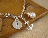 Sterling Silver Initial Anchor Charm Bracelet, Sea Anchor, Pearl