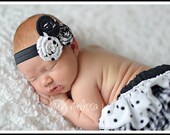 Newborn Baby Infant Girl Toddler black and white rolled fabric rosette headband
