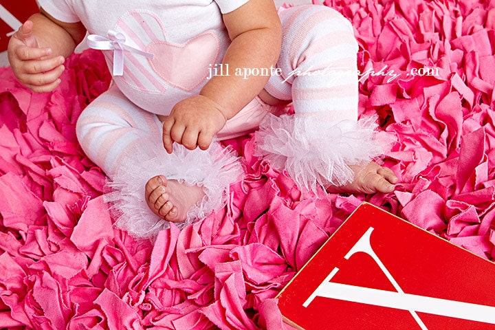 Baby Infant Toddler Newborn Girl pink and white stripes tutu leg warmers w/attached white fluff for added cuteness