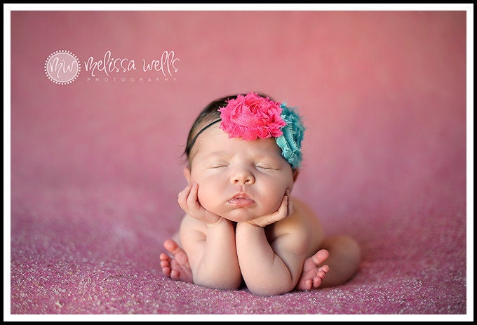 Hot pink and turquoise shabby chiffon rosette headband baby newborn toddler girl