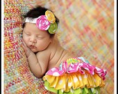 LIMITED EDITION Hot Pink yellow lime polka dot ruffle bloomers diaper cover newborn baby infant toddler girl