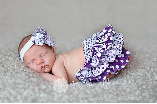 Newborn Baby Infant Toddler Girl purple and white polka dot and paisley print ruffle bloomers diaper cover