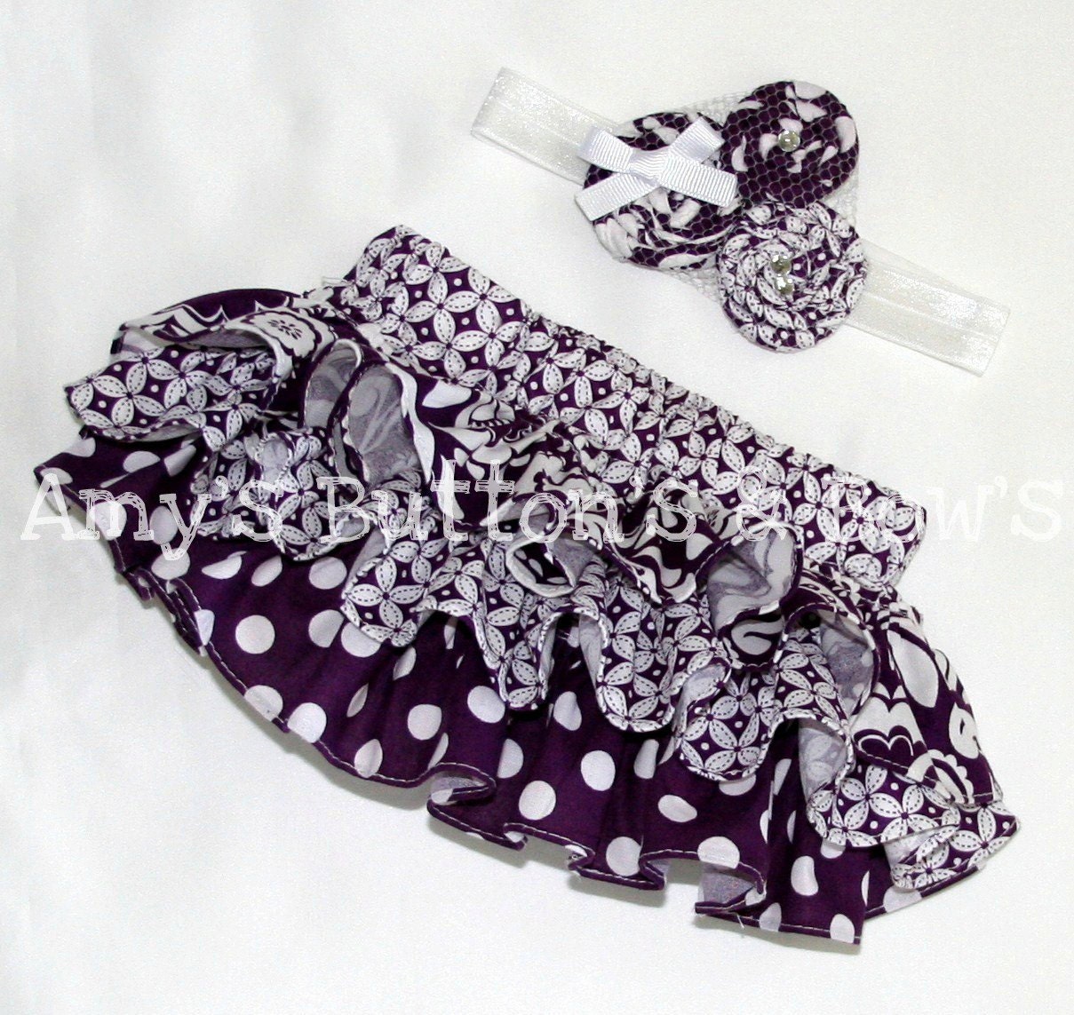 Newborn Baby Infant Toddler Girl purple and white polka dot and paisley print ruffle bloomers diaper cover