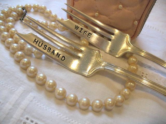 Vintage Silverware Silver Plate Wedding Dessert  Cake Pastry Forks  Husband & Wife with wedding date