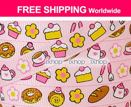 5 Yards 3/8" 9mm High Tea (Pink) Grosgrain Ribbon Cupcake Donut  ..... 7100/23 1105 ..... FREE SHIPPING Worldwide