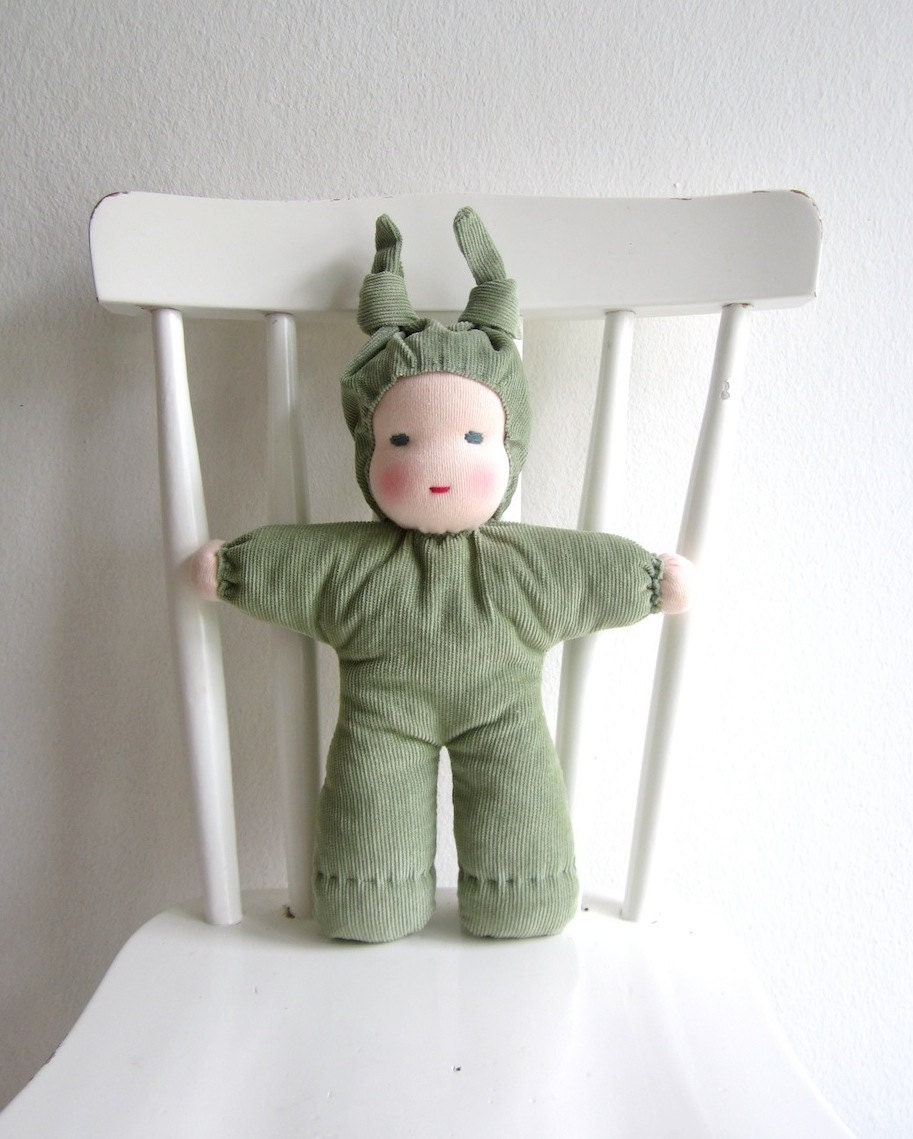 Waldorf Doll, organic, 10.5inch, green, sage, eco friendly, bunting, cosy, baby gift, shower gift, soft, cuddly, lovey