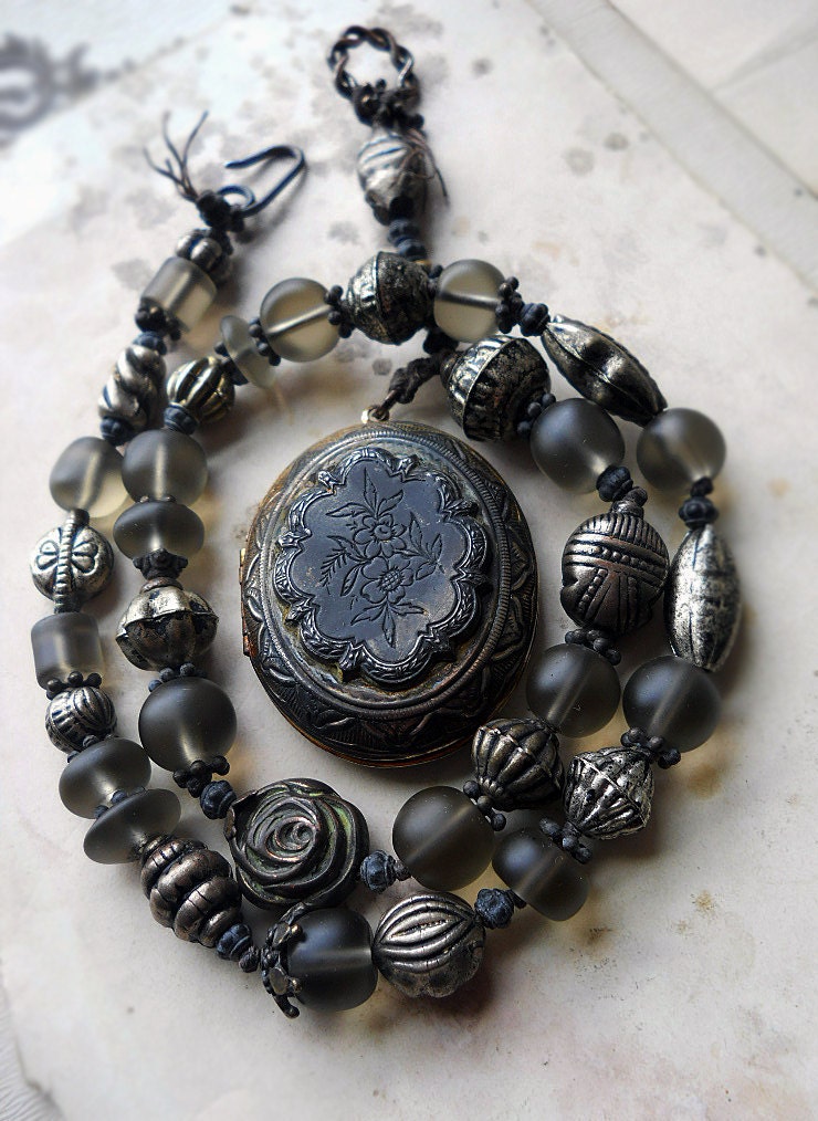 Beaded Necklace - Locket Pendant - Indian Metal Beads - Grey Matte Glass - Brown Leather Cord -