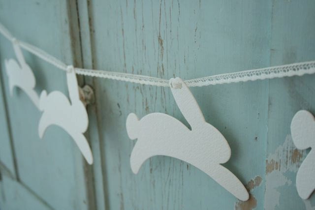 THREE bunny garlands buntings....heavy watercolor paper bunnies strung on gossamer ribbon
