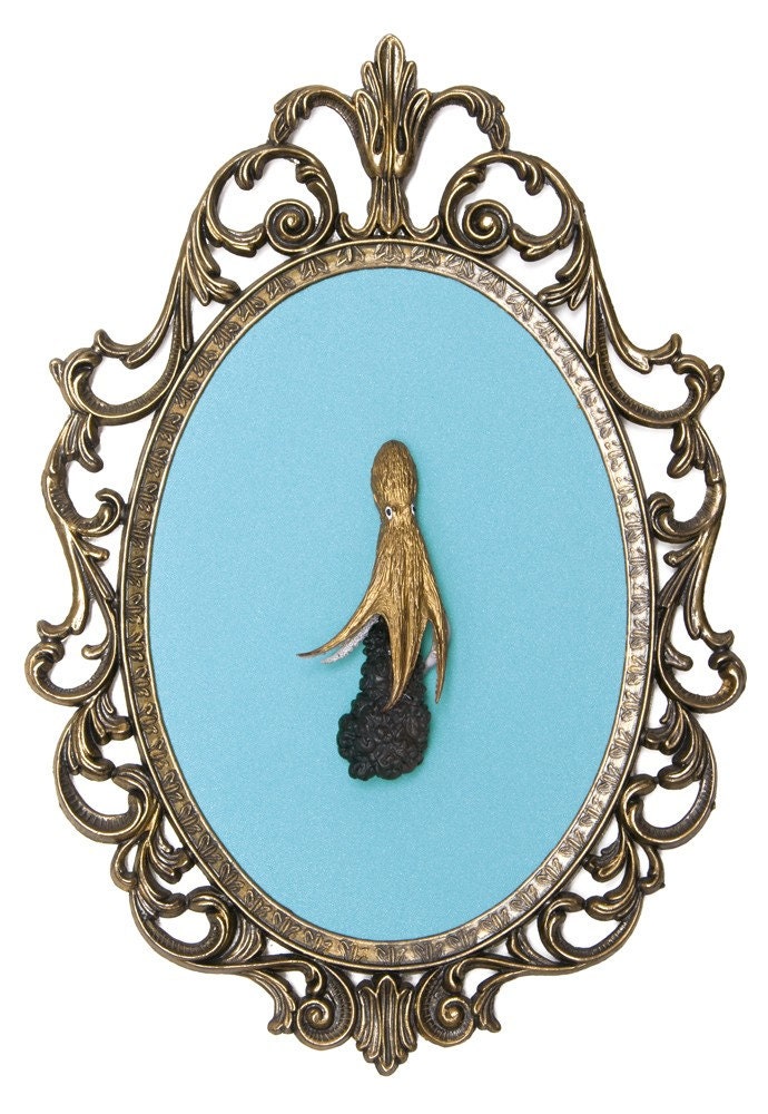 Gold Octopus with Ink - Victorian Framed Object - Wall Art Decor 7x10in