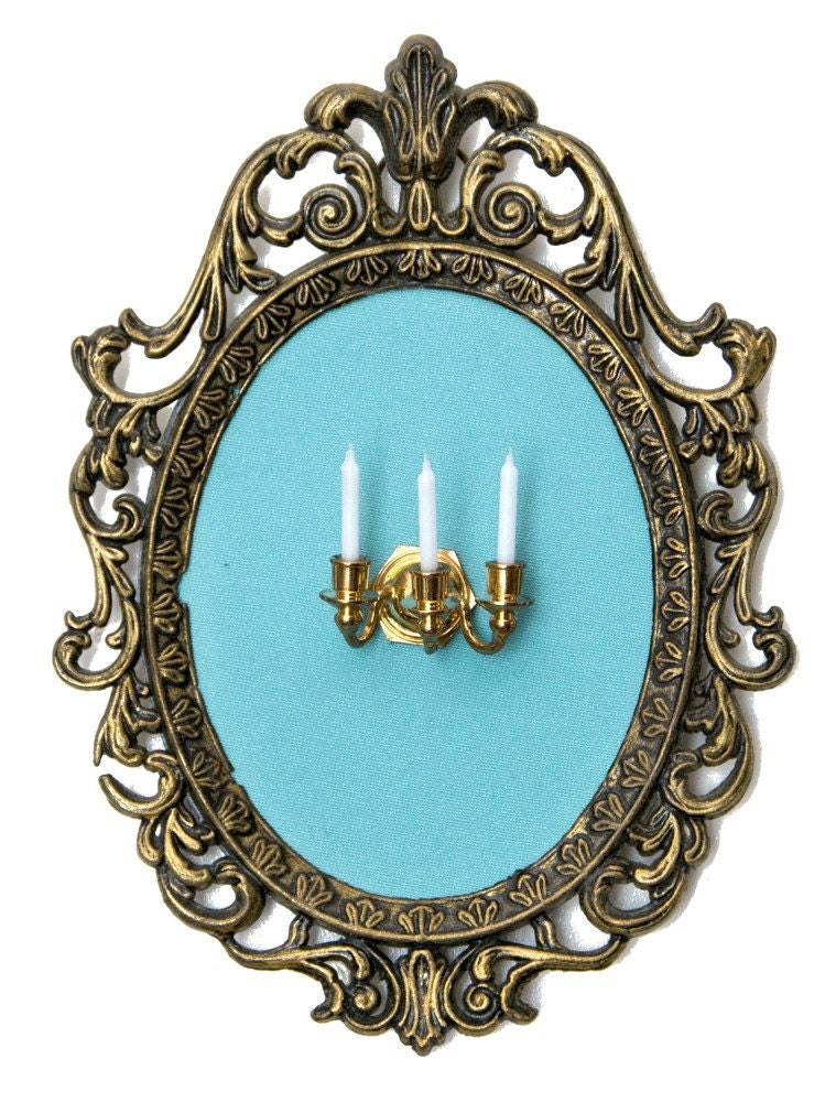 Miniature Wall Sconce with 3 Candles - Victorian Framed Object - Wall Art Decor 4x6 in