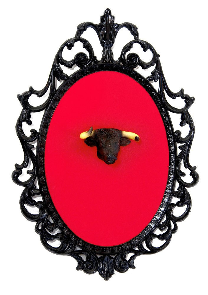 Miniature Bull Head Mount - Faux Taxidermy - Wall Art Decor - Framed Object 7x10in