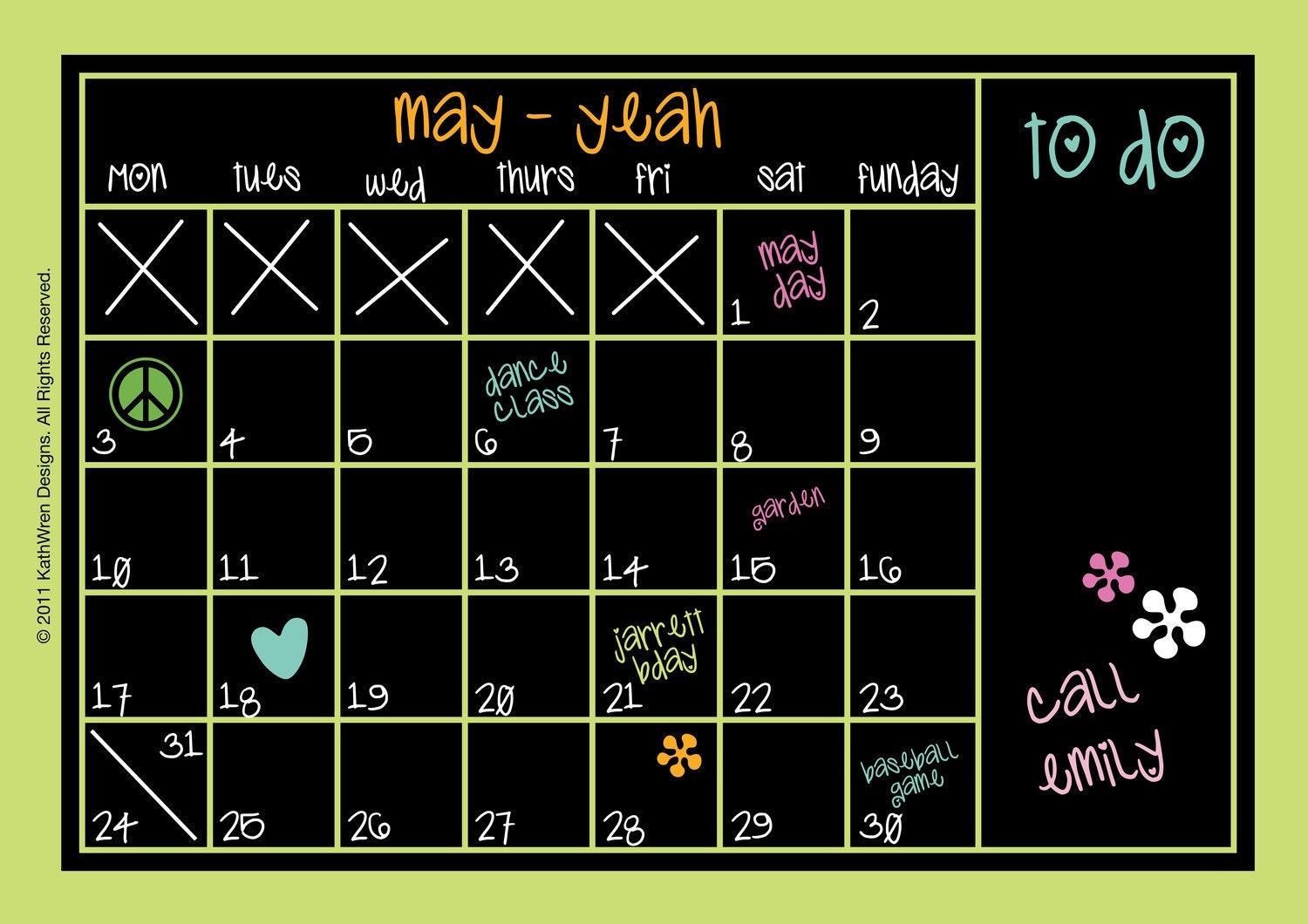 Chalkboard Calendar - LARGE - Peel and Stick - FREE SHIP