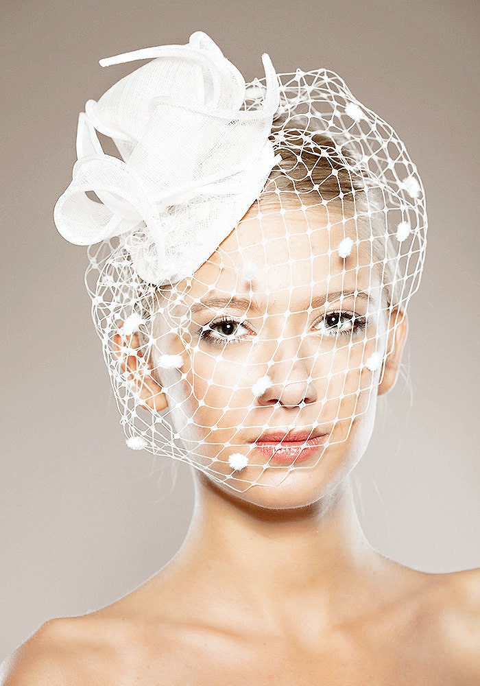 Bridal Cocktail Hat Hatinator Off White Comb Headpiece Fascinator Handmade Spotted Birdcage Veil French Veiling Straw Twists Summer Wedding