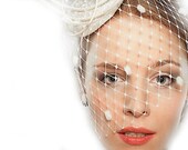 Wedding Accessory Bridal Ivory Headpiece Feather Fascinator Head Piece Asymmetric Half Veil with Spots Romantic Elegant Small Hat