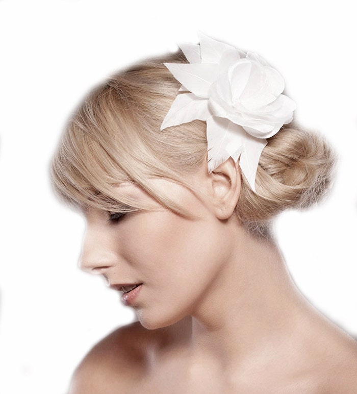 Bridal Off White Headpiece Hair Clip Accessory Women Accessories Bridal Shower Feather Off White Handmade Flower Clip Organza Flower
