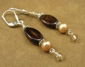 Earrings. Amber Brown FIRE AGATE, Freshwater Pearl, 925 Bali, Sterling Leverback