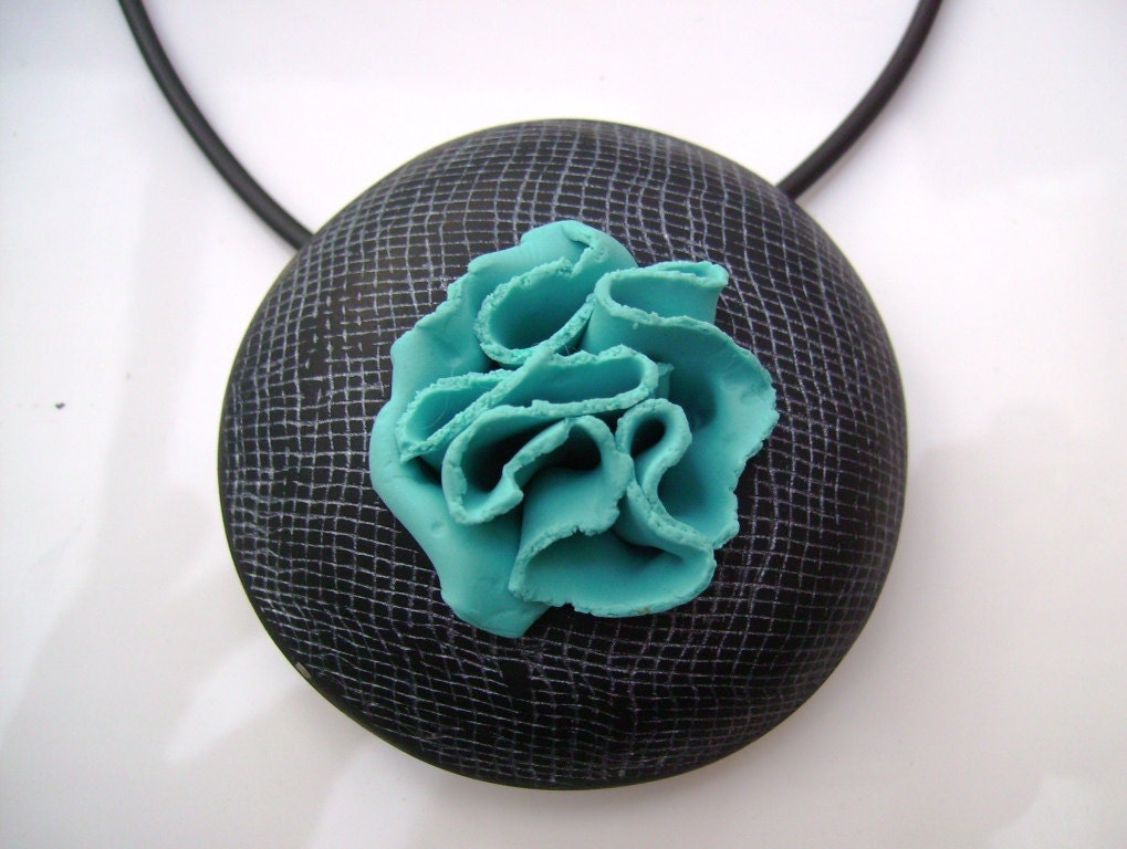 RUFFLE Black & Turquoise Polymer Clay Pendant Chic and Original Present under 45 USD